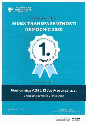 Zlatomoravecká nemocnica získala 1. miesto v rebríčku Index transparentnosti 2020